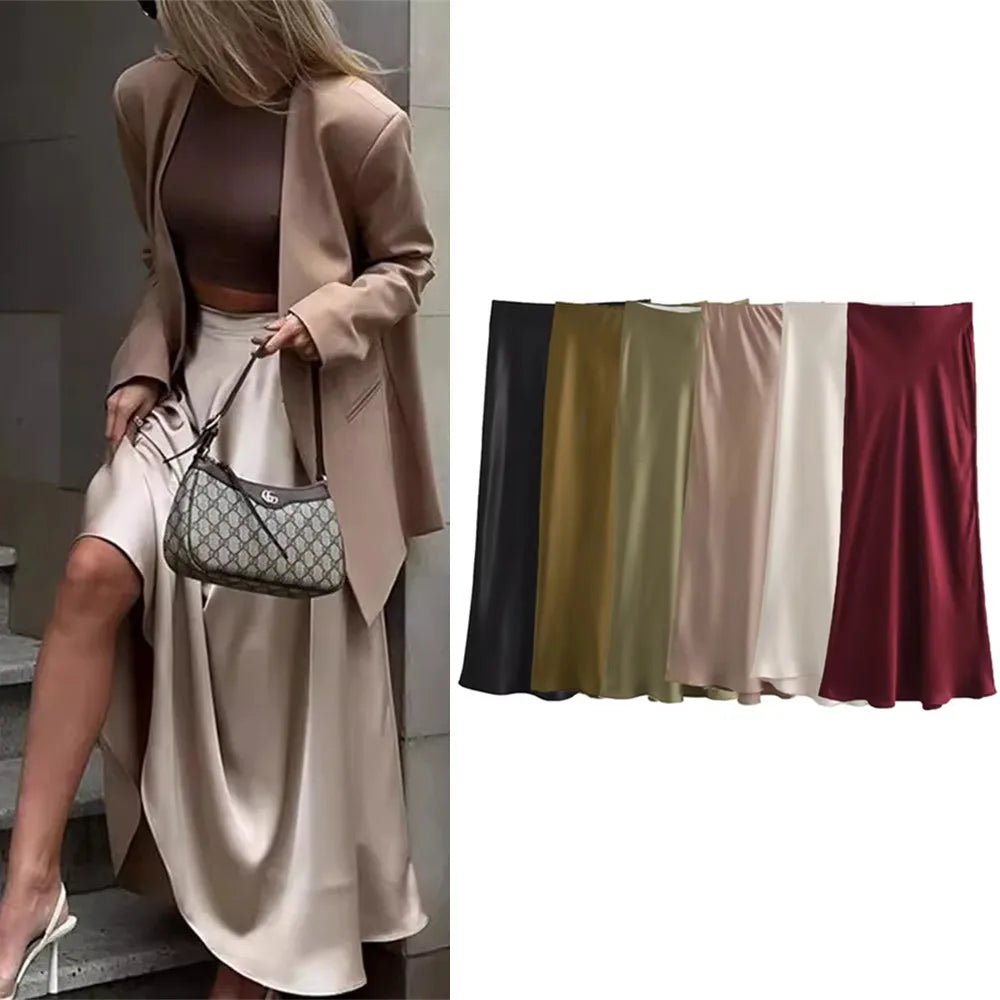 Elegant Satin Midi Skirt